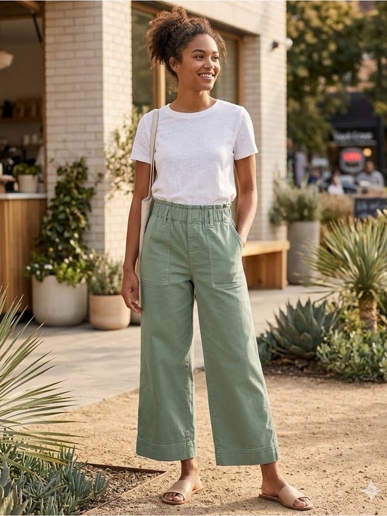 J. Crew Pants - J. Crew Elastic High Rise Baggy Green Cropped Wide Leg Chino Pants - Size Medium